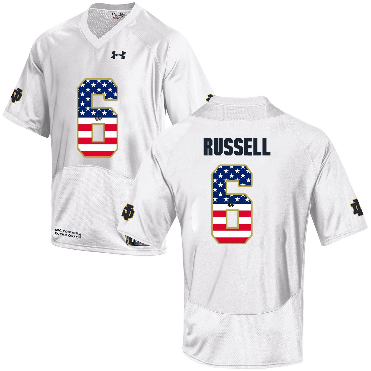 Men Norte Dame Fighting Irish #6 Russell White Flag Customized NCAA Jerseys->customized ncaa jersey->Custom Jersey
